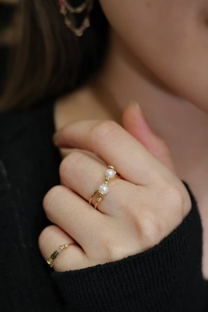 珍珠交疊雙環戒指 14K Gold-Filled