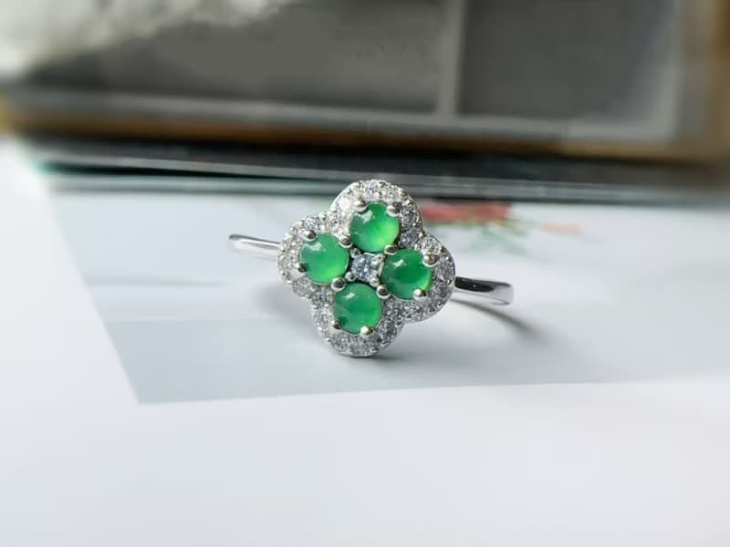 天然A貨翡翠 蛋面冰種翡翠 幸運草 水潤放光 純銀戒指 好運