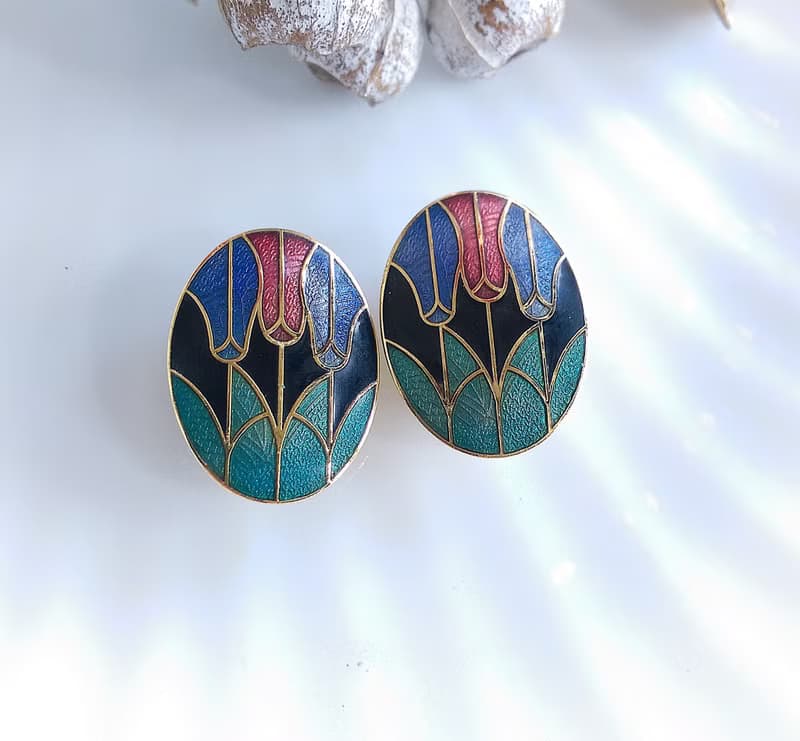 Vintage Jewelry 西洋古董飾品 景泰藍 黑底鬱金香花卉 夾式耳環