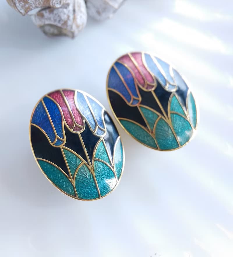 Vintage Jewelry 西洋古董飾品 景泰藍 黑底鬱金香花卉 夾式耳環