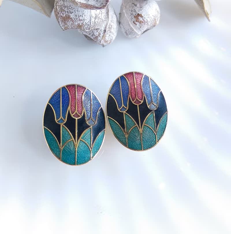 Vintage Jewelry 西洋古董飾品 景泰藍 黑底鬱金香花卉 夾式耳環