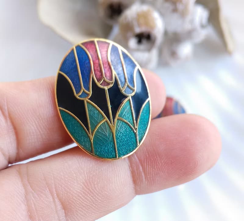 Vintage Jewelry 西洋古董飾品 景泰藍 黑底鬱金香花卉 夾式耳環