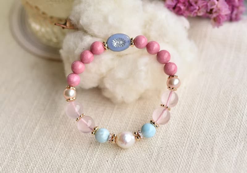 薔薇輝石+拉利瑪+粉晶+珍珠黃銅鍍金水晶手鍊