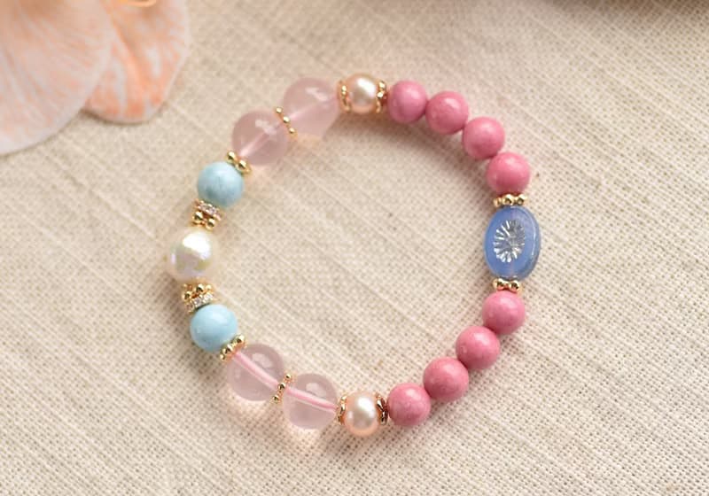 薔薇輝石+拉利瑪+粉晶+珍珠黃銅鍍金水晶手鍊