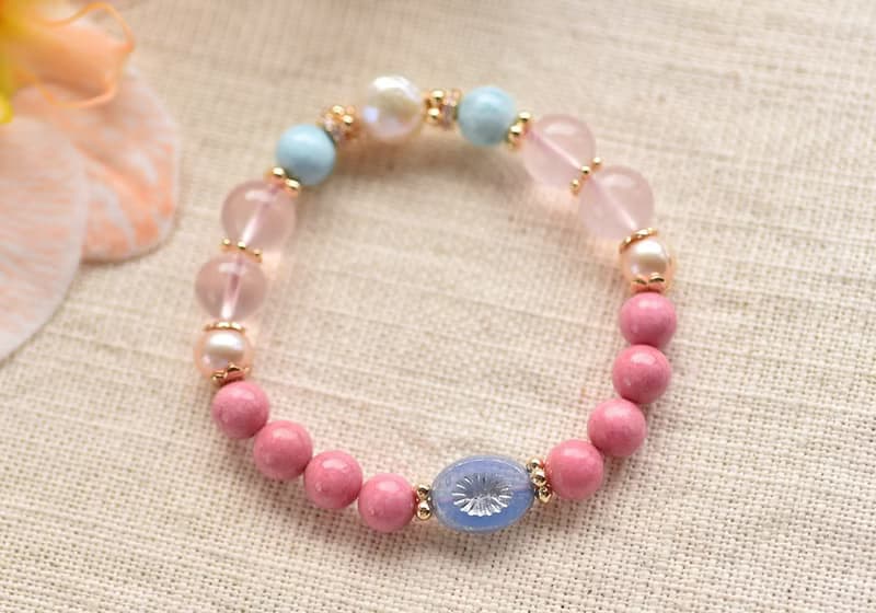 薔薇輝石+拉利瑪+粉晶+珍珠黃銅鍍金水晶手鍊