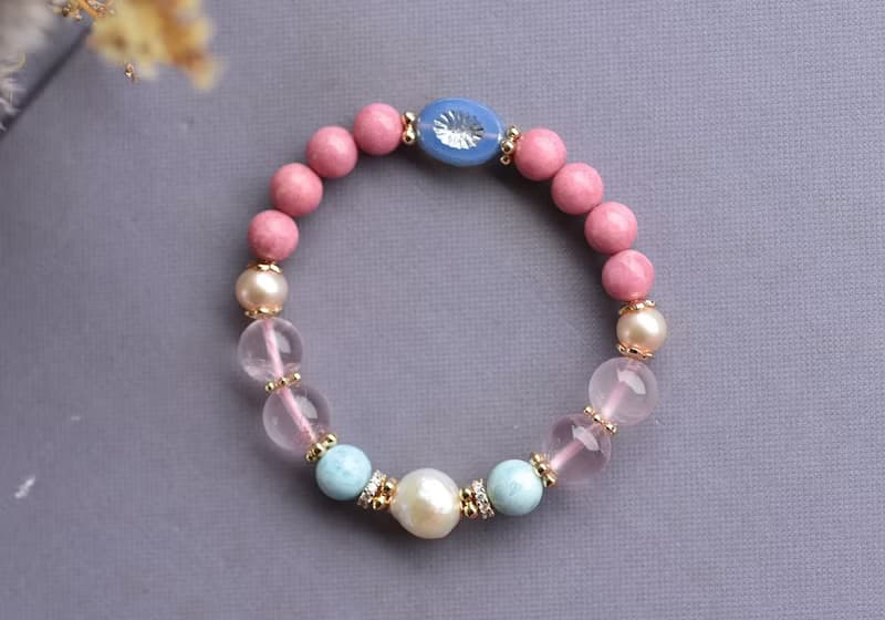 薔薇輝石+拉利瑪+粉晶+珍珠黃銅鍍金水晶手鍊