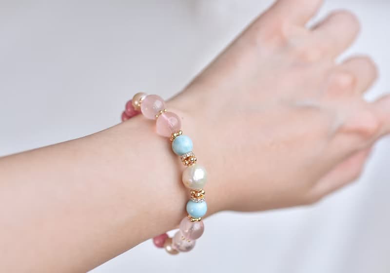 薔薇輝石+拉利瑪+粉晶+珍珠黃銅鍍金水晶手鍊