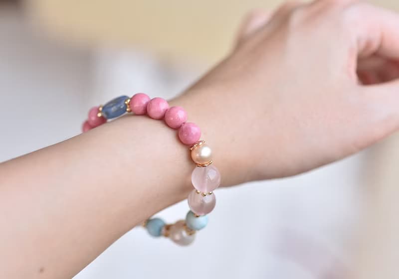 薔薇輝石+拉利瑪+粉晶+珍珠黃銅鍍金水晶手鍊