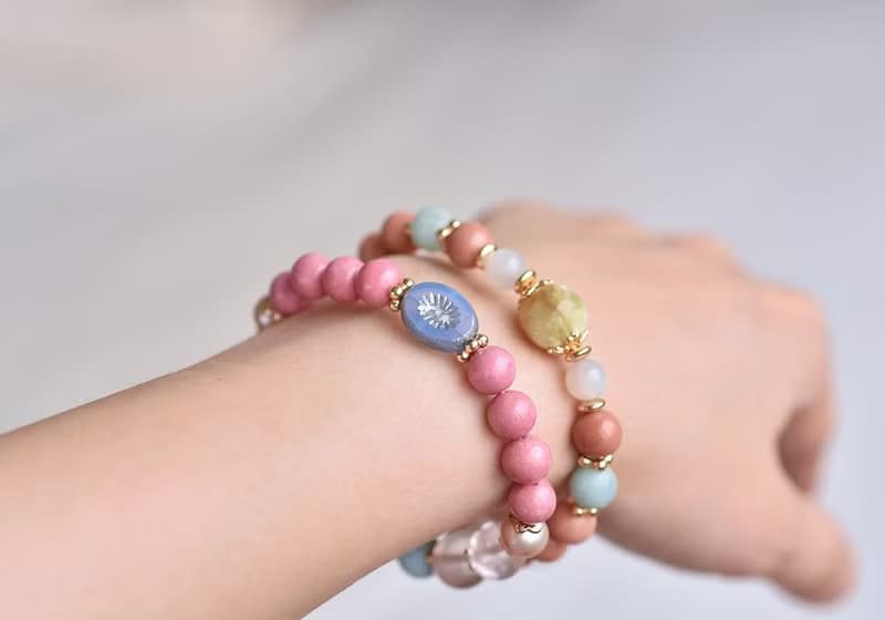 薔薇輝石+拉利瑪+粉晶+珍珠黃銅鍍金水晶手鍊