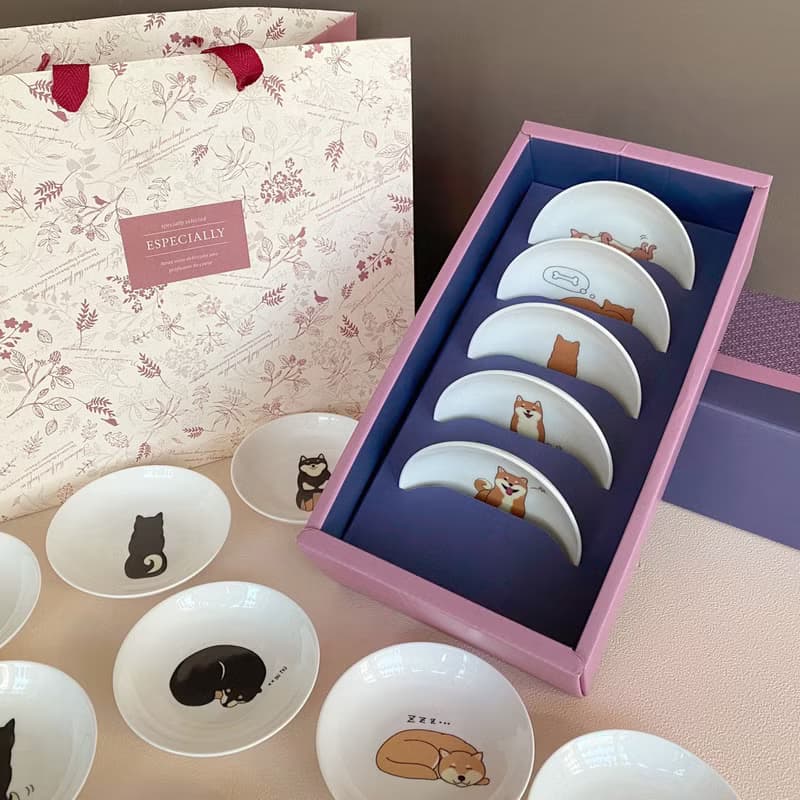 柴犬骨瓷碟禮盒組附提袋 (黃柴、赤柴、黑柴)