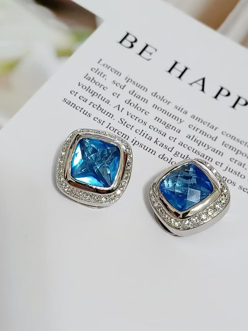 vintage jewelry  方形藍鑽萊茵石 夾式耳環