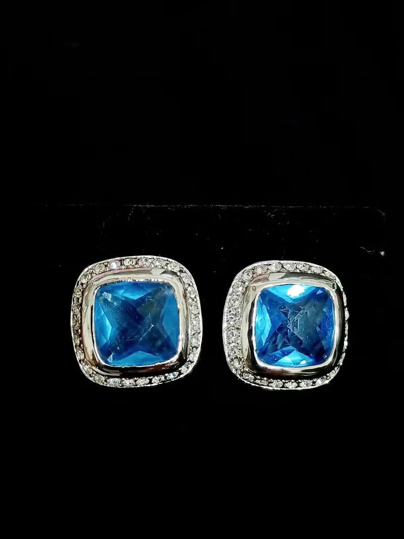 vintage jewelry  方形藍鑽萊茵石 夾式耳環