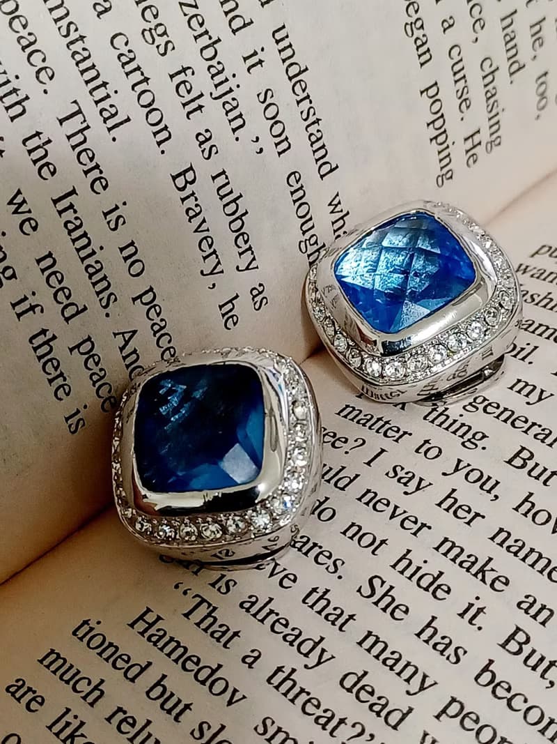 vintage jewelry  方形藍鑽萊茵石 夾式耳環