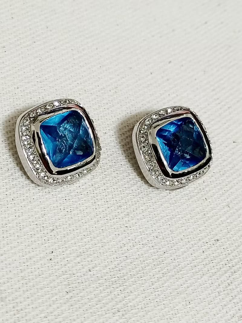 vintage jewelry  方形藍鑽萊茵石 夾式耳環