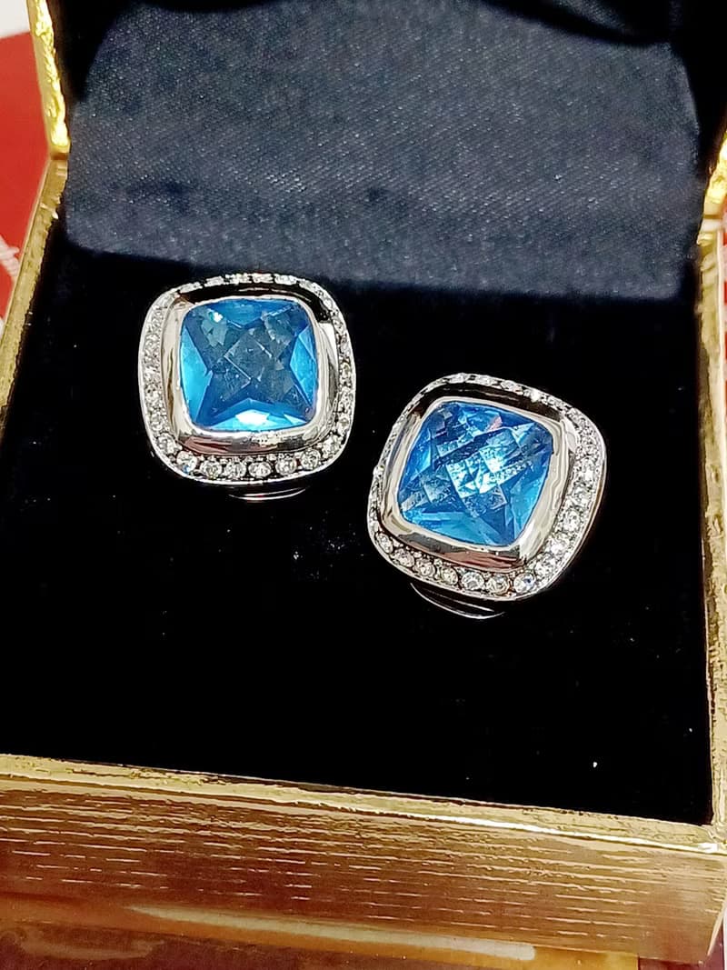 vintage jewelry  方形藍鑽萊茵石 夾式耳環