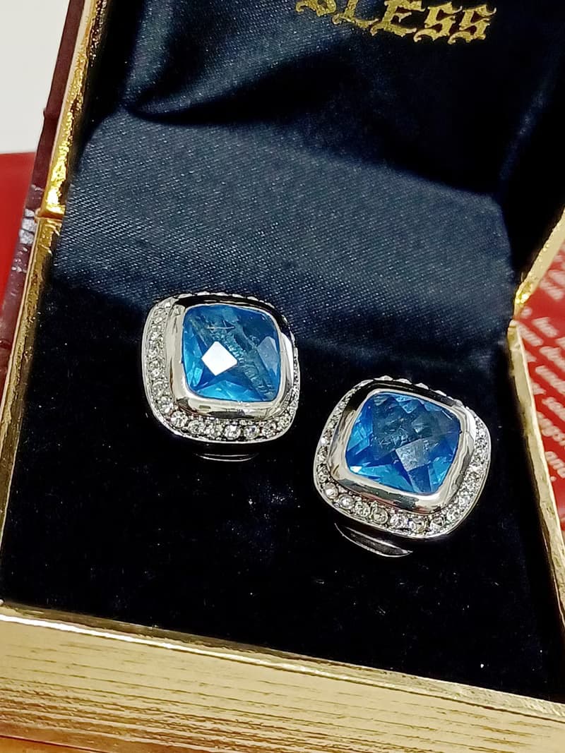 vintage jewelry  方形藍鑽萊茵石 夾式耳環