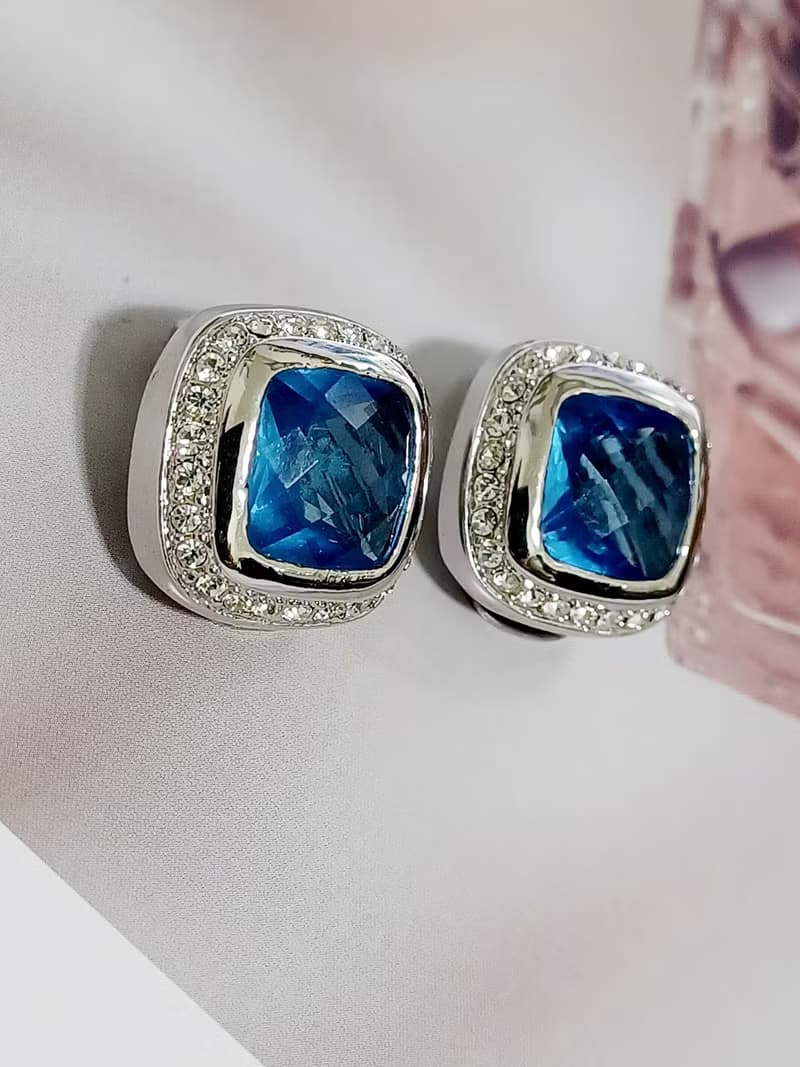 vintage jewelry  方形藍鑽萊茵石 夾式耳環