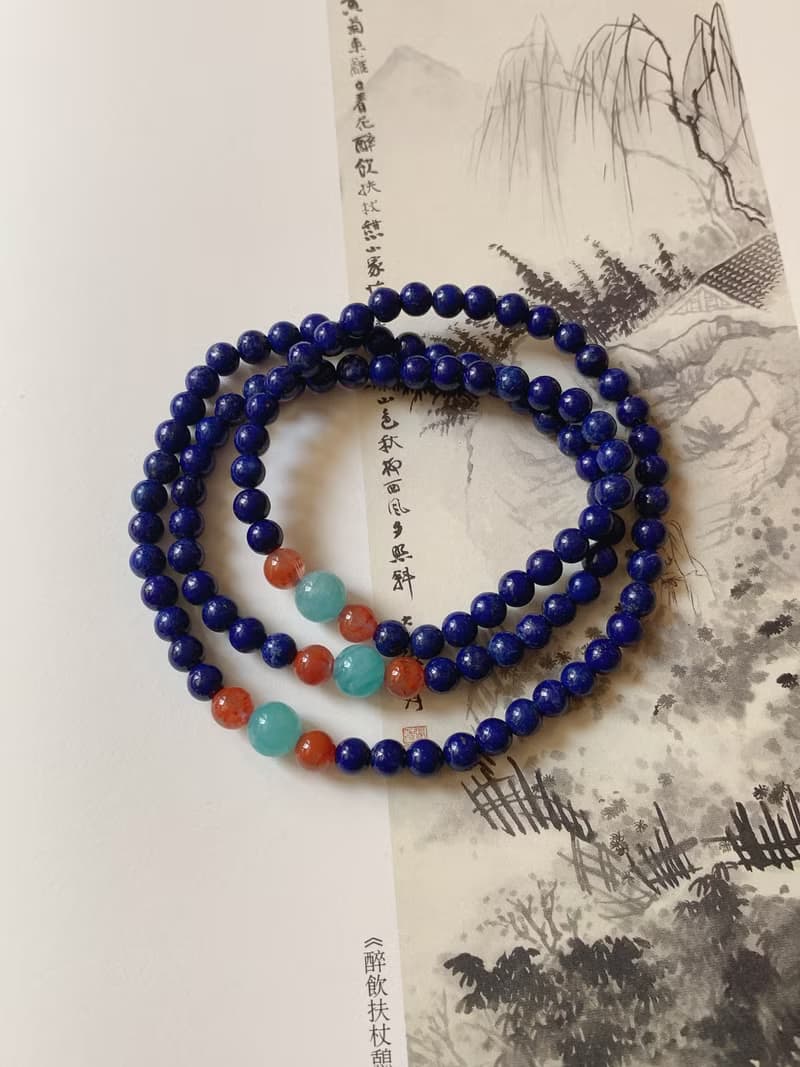 小塵世。天然青金石手鏈天河石櫻花南紅瑪瑙 民族風原創三圈手串