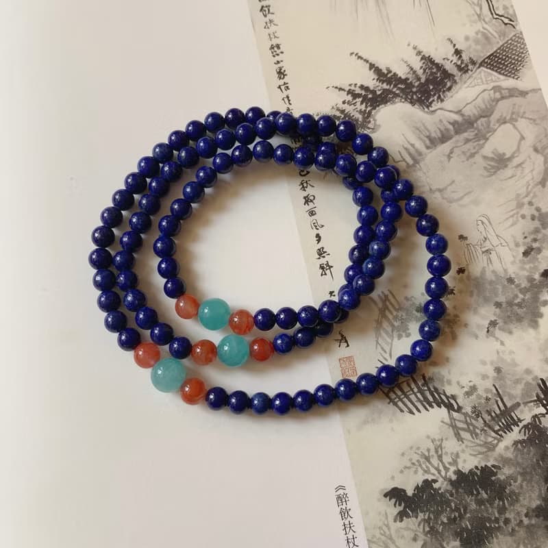 小塵世。天然青金石手鏈天河石櫻花南紅瑪瑙 民族風原創三圈手串