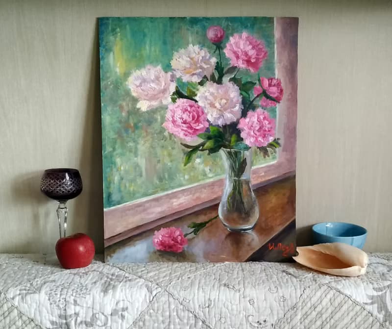 Peony Painting Floral Original Art Flowers artwork Bouquet in vase wall art