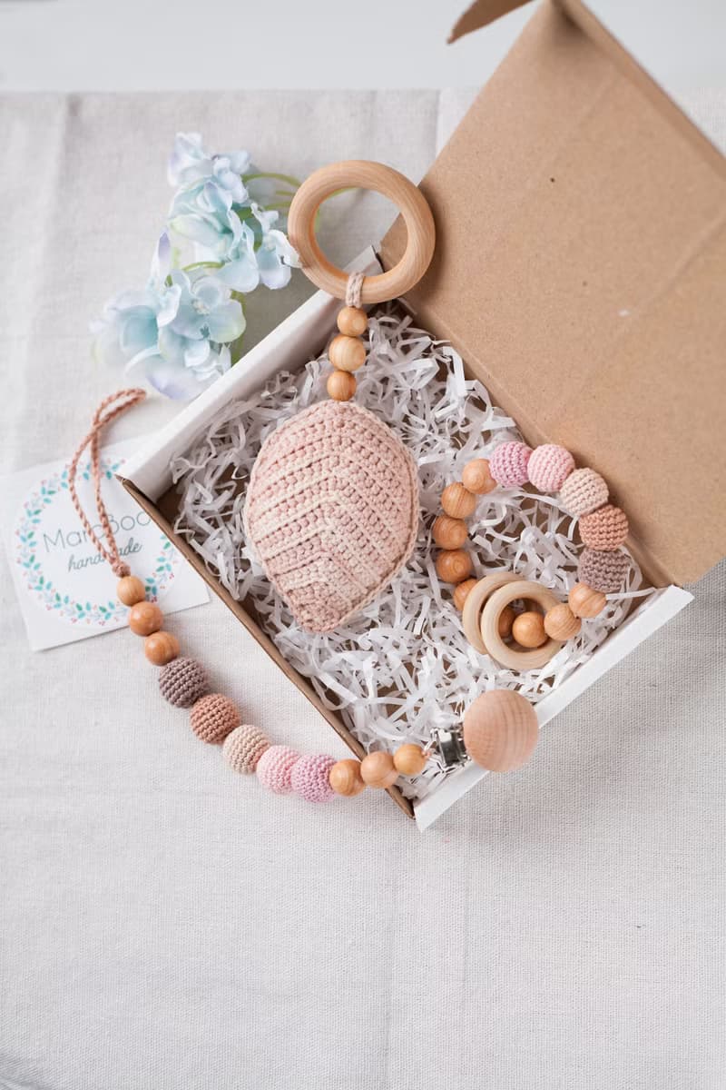 Pink Beige Baby Gift Box: Leaf Rattle Toy, Teething Ring, Pacifier Clip Holder