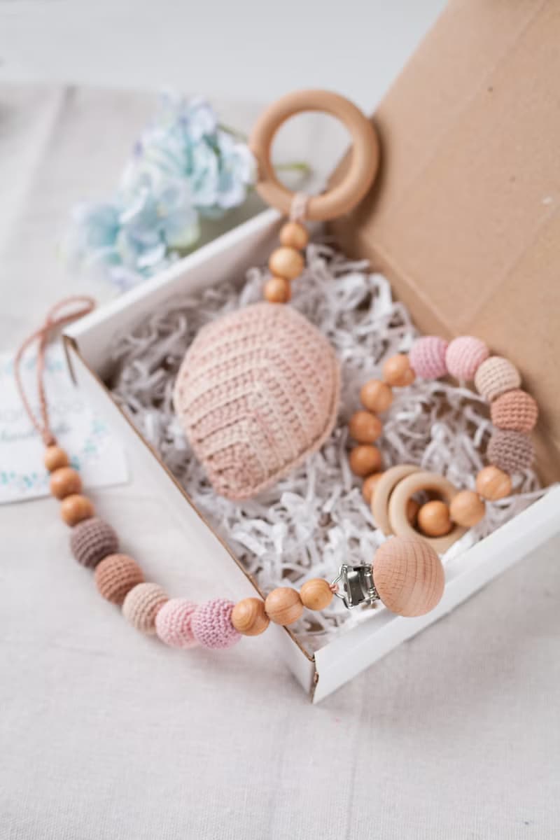 Pink Beige Baby Gift Box: Leaf Rattle Toy, Teething Ring, Pacifier Clip Holder