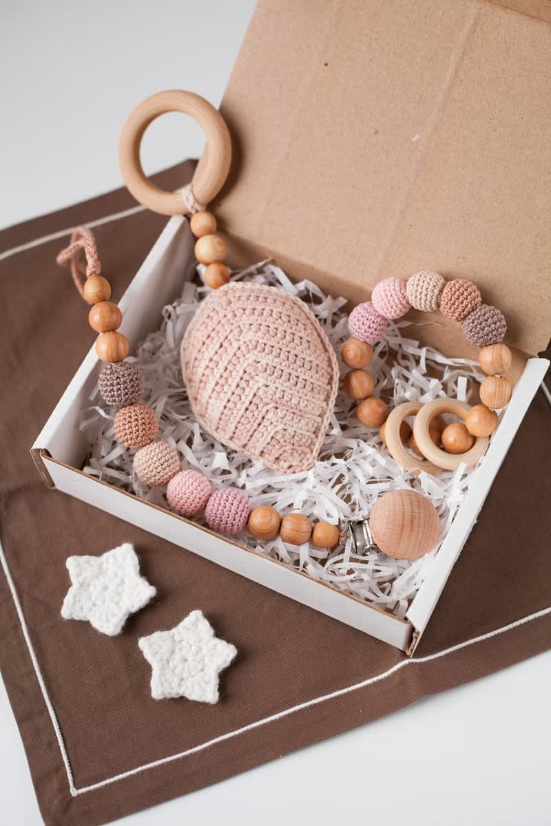 Pink Beige Baby Gift Box: Leaf Rattle Toy, Teething Ring, Pacifier Clip Holder