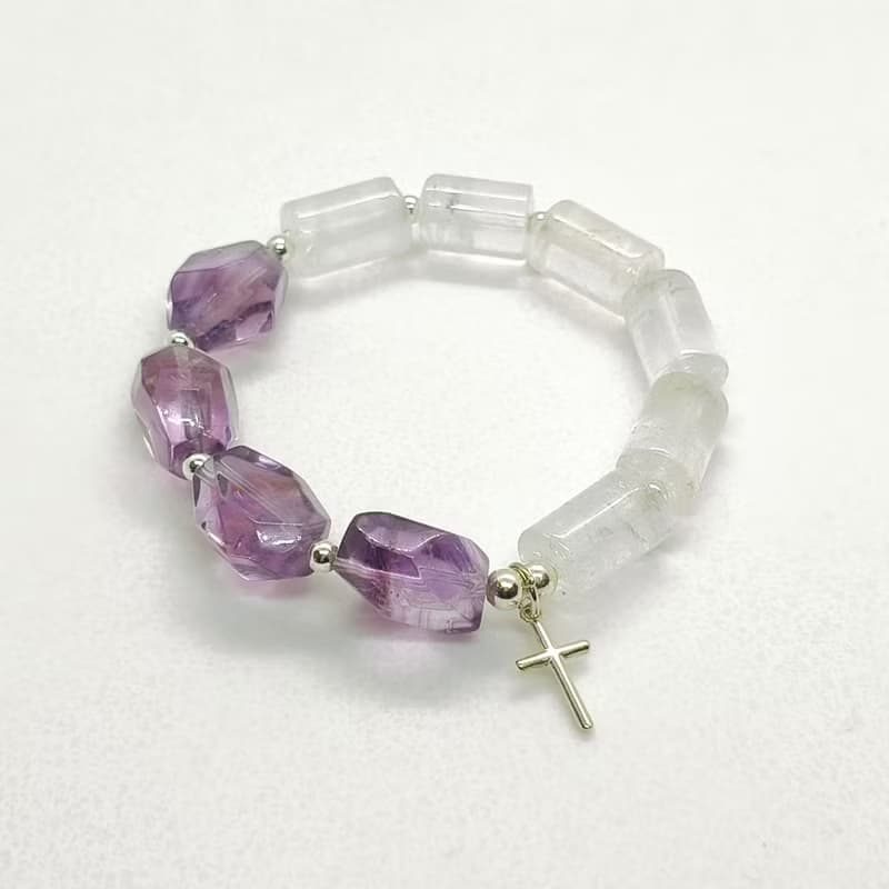 天然巴西紫水晶 白水晶 925實心純銀十字架手鍊/寶石/信仰/福音