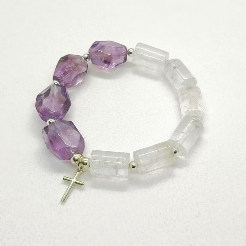 天然巴西紫水晶 白水晶 925實心純銀十字架手鍊/寶石/信仰/福音