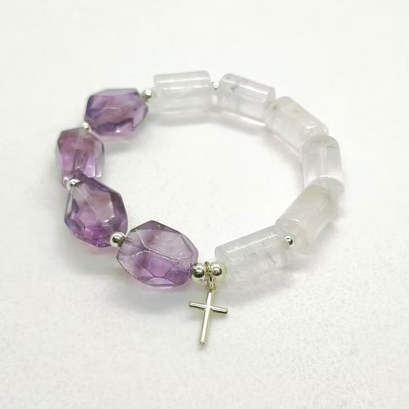 天然巴西紫水晶 白水晶 925實心純銀十字架手鍊/寶石/信仰/福音