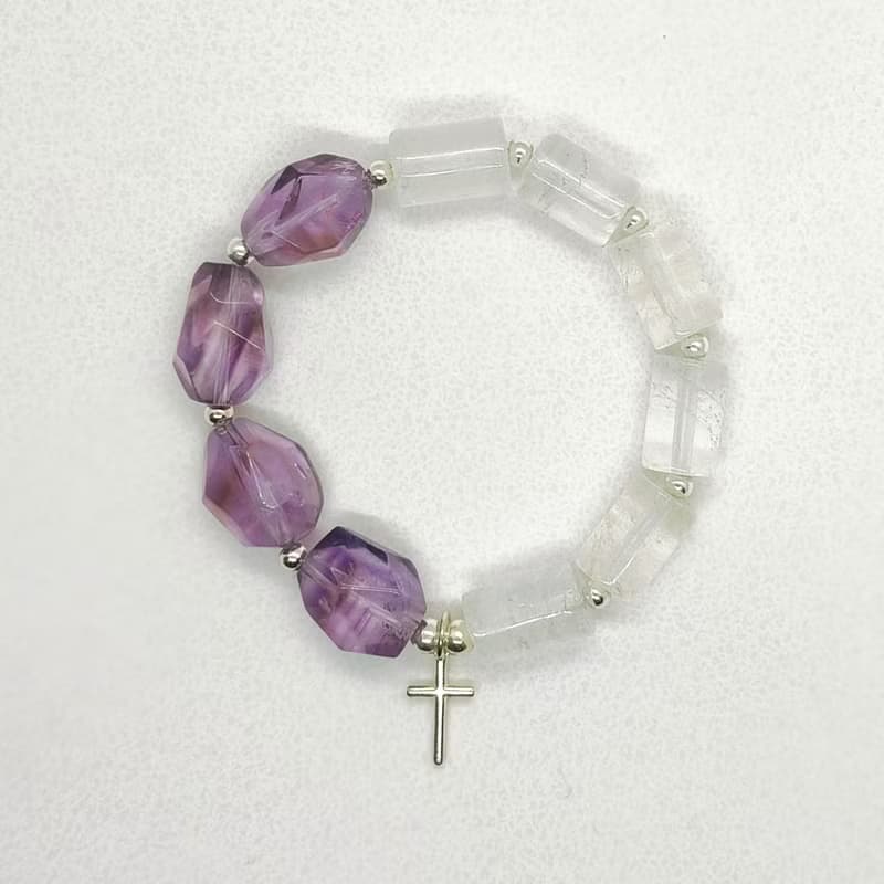 天然巴西紫水晶 白水晶 925實心純銀十字架手鍊/寶石/信仰/福音