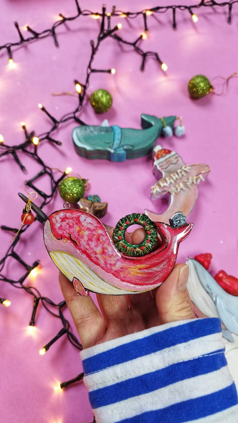 Whale ornament. Wooden fish ornament. Christmas ornaments.