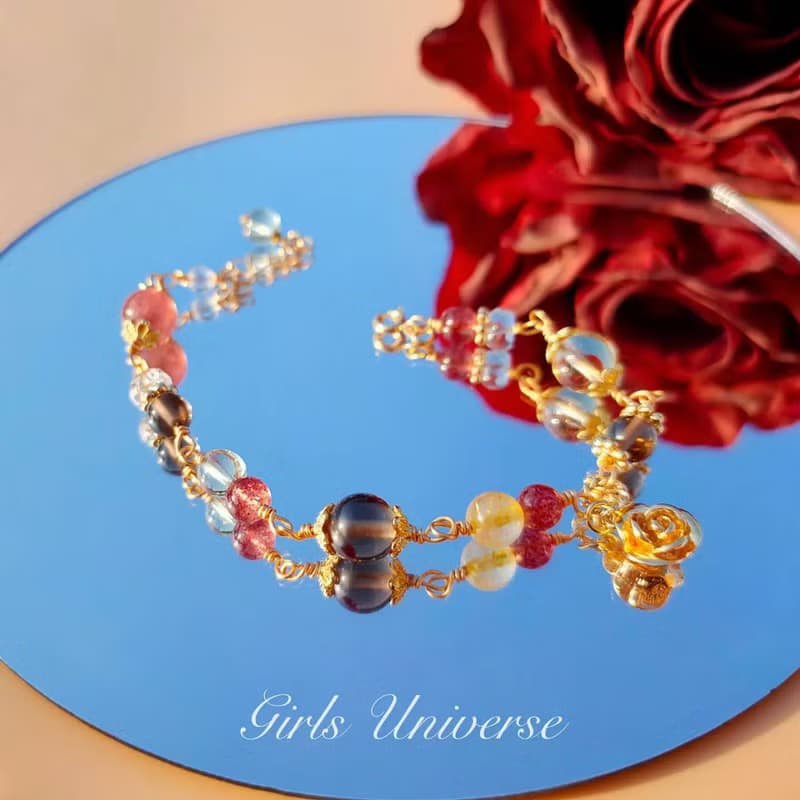 Beauty And The Beast。茶晶 黃髮晶 草莓晶 14K包金 水晶手鍊