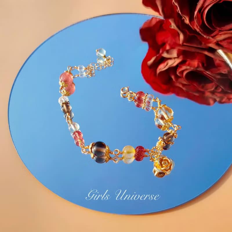 Beauty And The Beast。茶晶 黃髮晶 草莓晶 14K包金 水晶手鍊