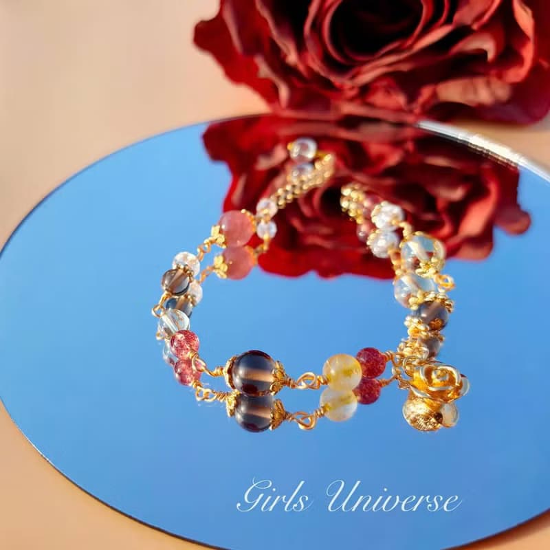 Beauty And The Beast。茶晶 黃髮晶 草莓晶 14K包金 水晶手鍊