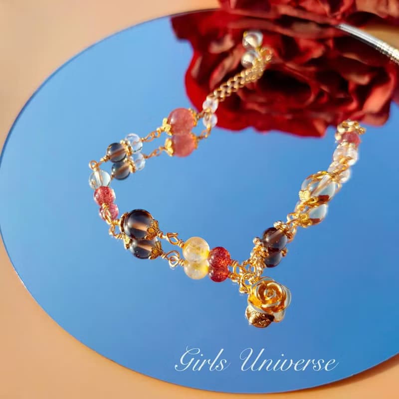 Beauty And The Beast。茶晶 黃髮晶 草莓晶 14K包金 水晶手鍊