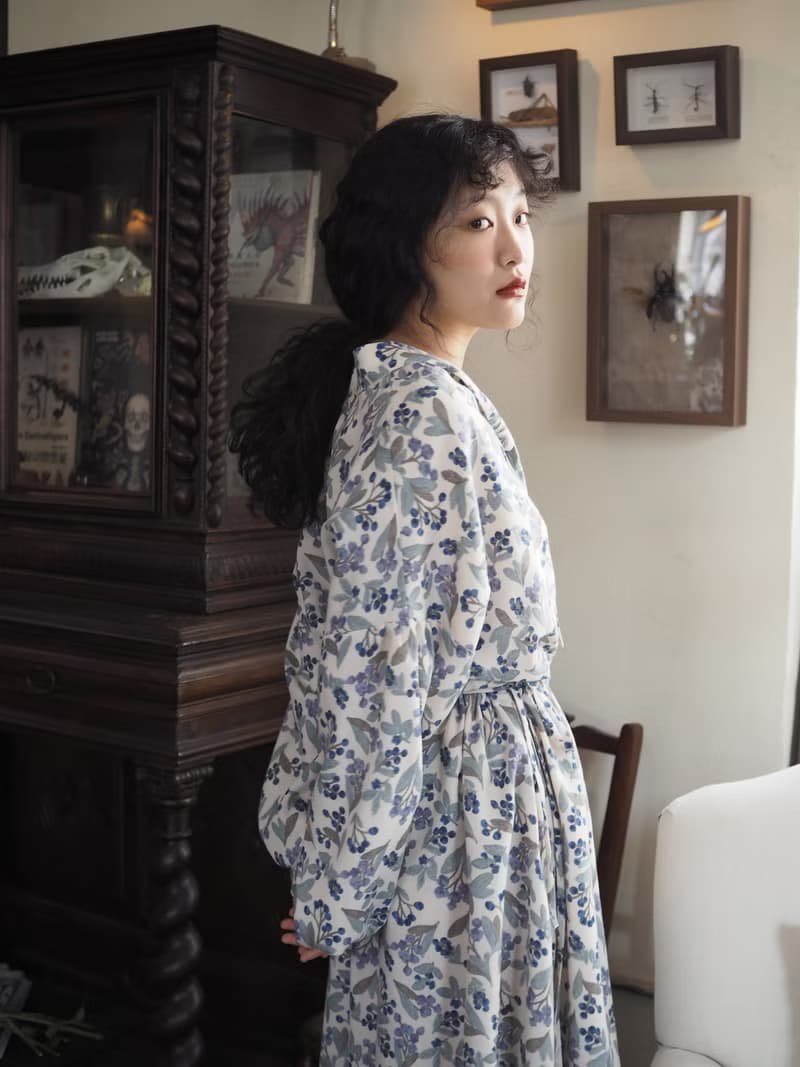日本進口羊毛面料 小藍莓花柄 2ways前後兩穿長連身裙洋裝