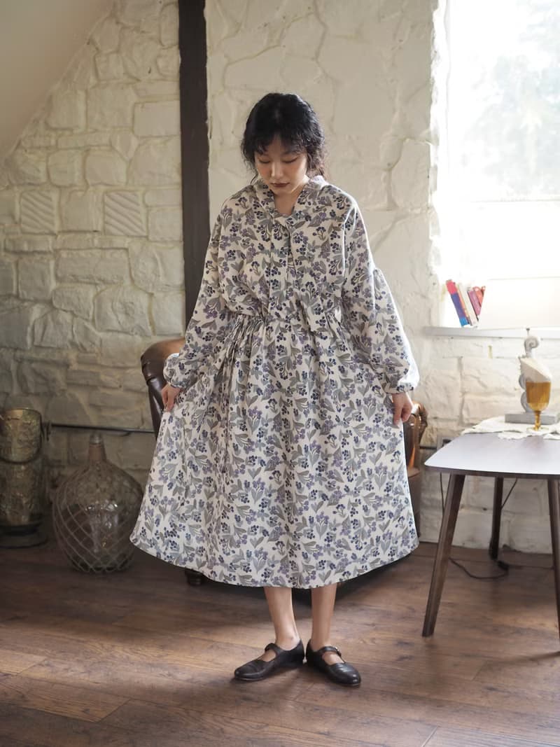 日本進口羊毛面料 小藍莓花柄 2ways前後兩穿長連身裙洋裝