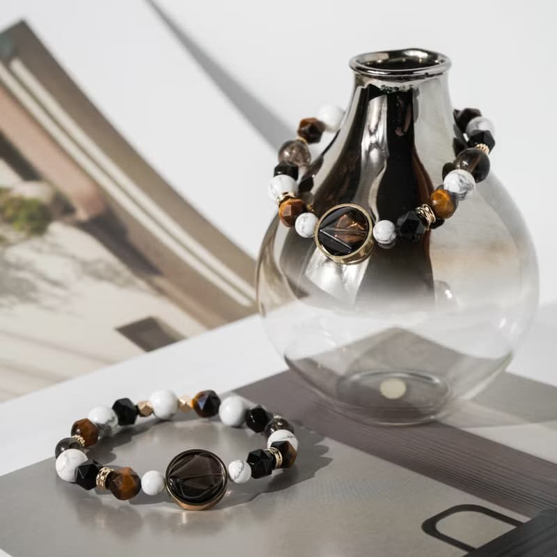 茶晶、黃虎眼、金曜石、白松石手鍊