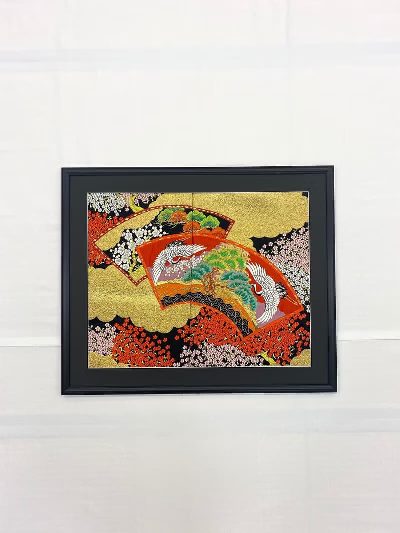 額装70　刺繍着物 和モダン 和風インテリア 扇 プレゼント 結婚祝 新築祝 長寿祝 縁起物 額装インテリア made in japan