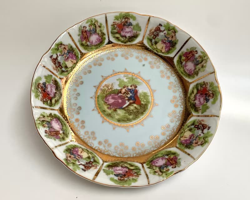 維多利亞時代瓷器花卉與鍍金愛情故事復古晚餐盤