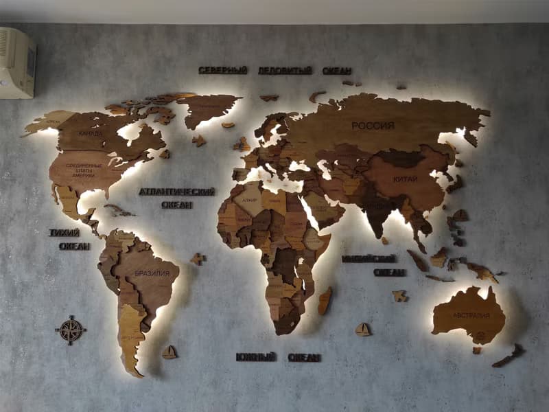 3D wood world travel map with LED - Rustic wall decor for home and office