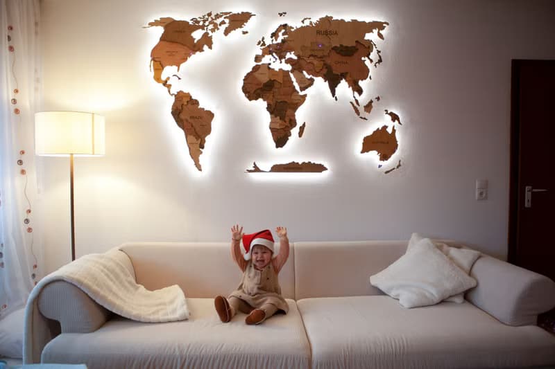 3D wood world travel map with LED - Rustic wall decor for home and office
