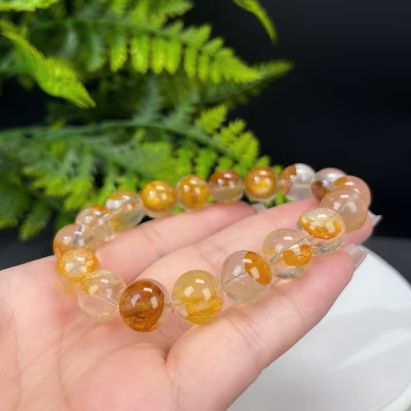 精品天然黃膠花水晶手串12mm冰透黃色幽靈水晶手錬男女吸引貴人