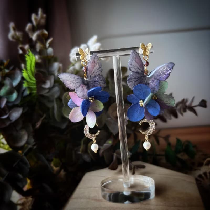 紫色蝴蝶真花耳環