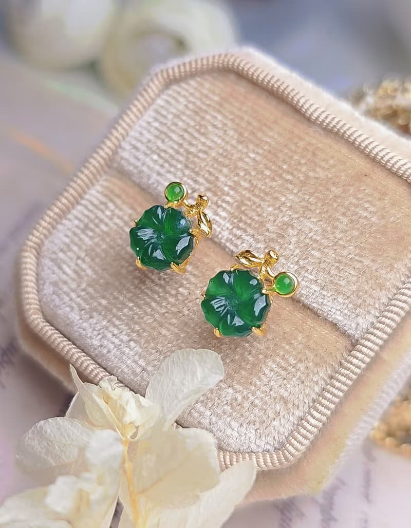 有錢花|冰膠綠花朵|A貨翡翠純銀精緻太陽花耳環
