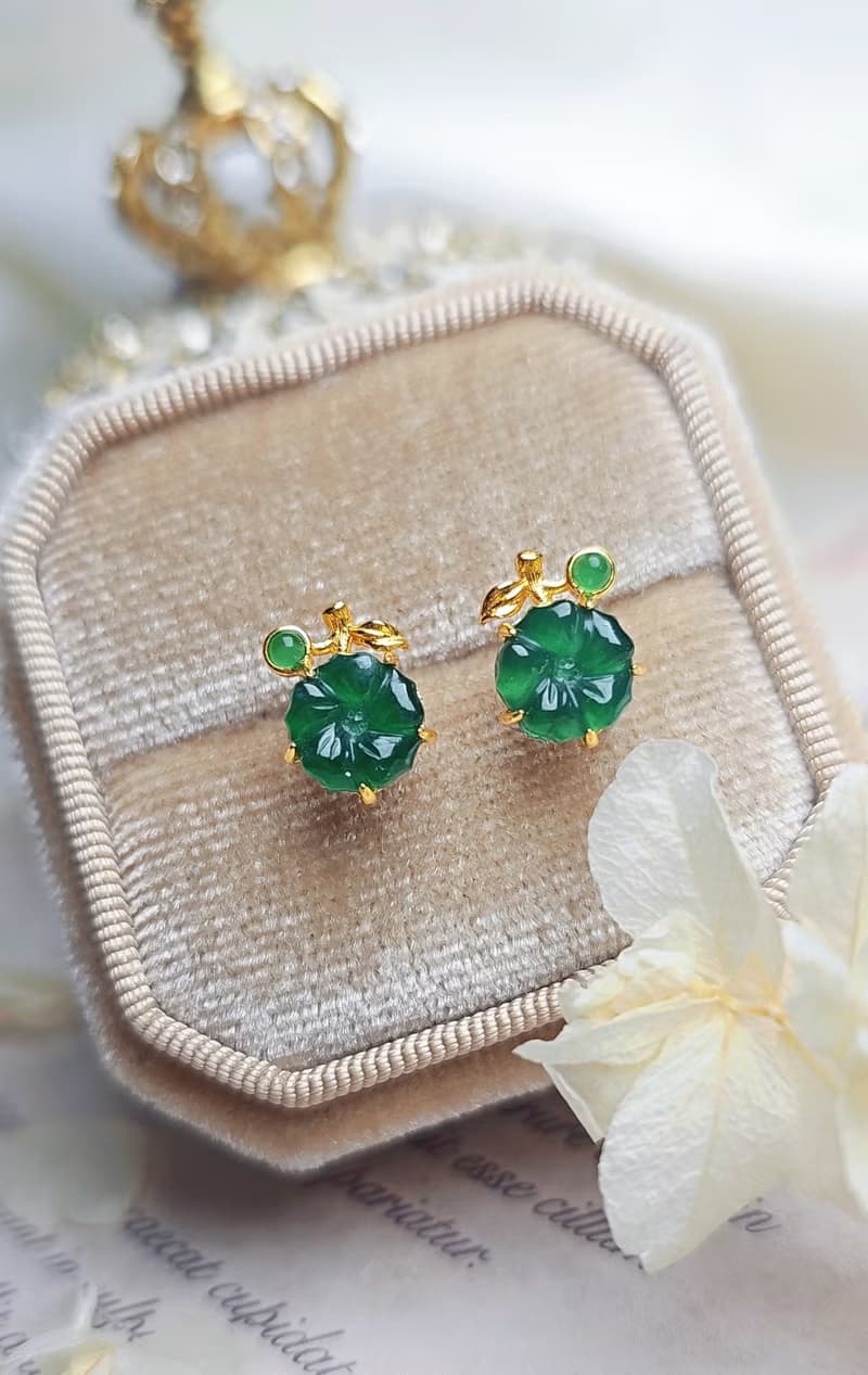 有錢花|冰膠綠花朵|A貨翡翠純銀精緻太陽花耳環