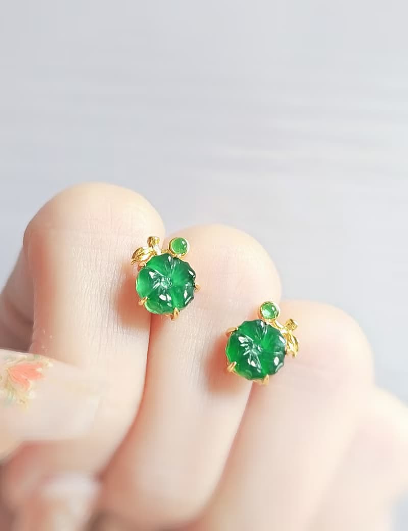 有錢花|冰膠綠花朵|A貨翡翠純銀精緻太陽花耳環