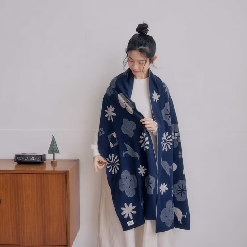 緹花圍巾/軟冬綻花/經典花色/暮光藍