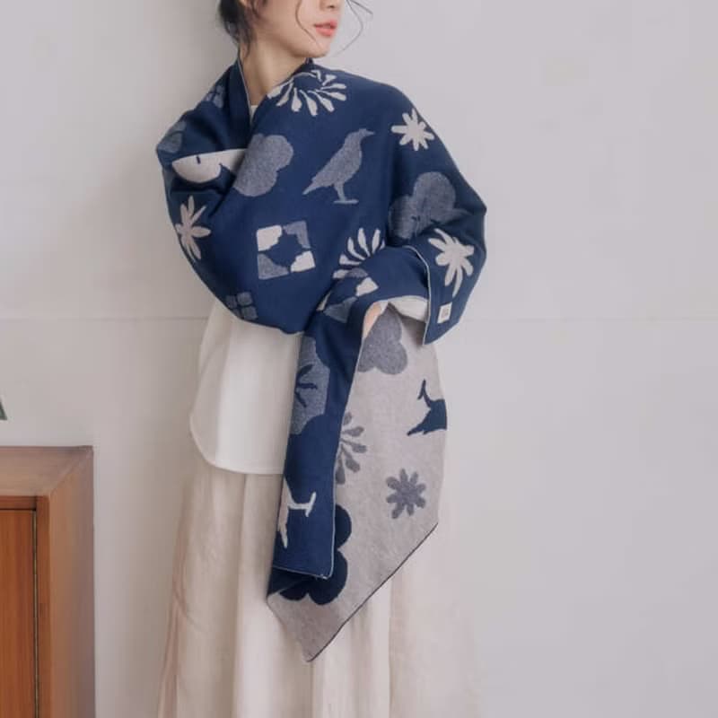緹花圍巾/軟冬綻花/經典花色/暮光藍